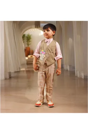 Beige Elephant Motifs Waist Coat With Shirt And Pant Set