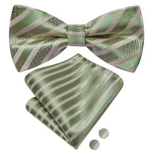 Hi-Tie Green Beige Striped Pre-tied Bow Tie Hanky Cufflinks Set