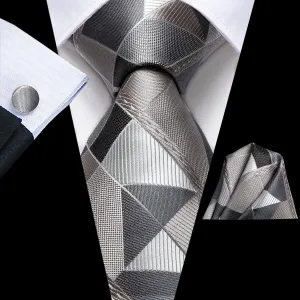 Hi-Tie Men's Grey Beige Novelty Plaid Tie Pocket Square Cufflinks Set