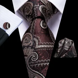 Hi-Tie Rosy Brown Necktie Beige Paisley Men's Tie Hanky Cufflinks Set