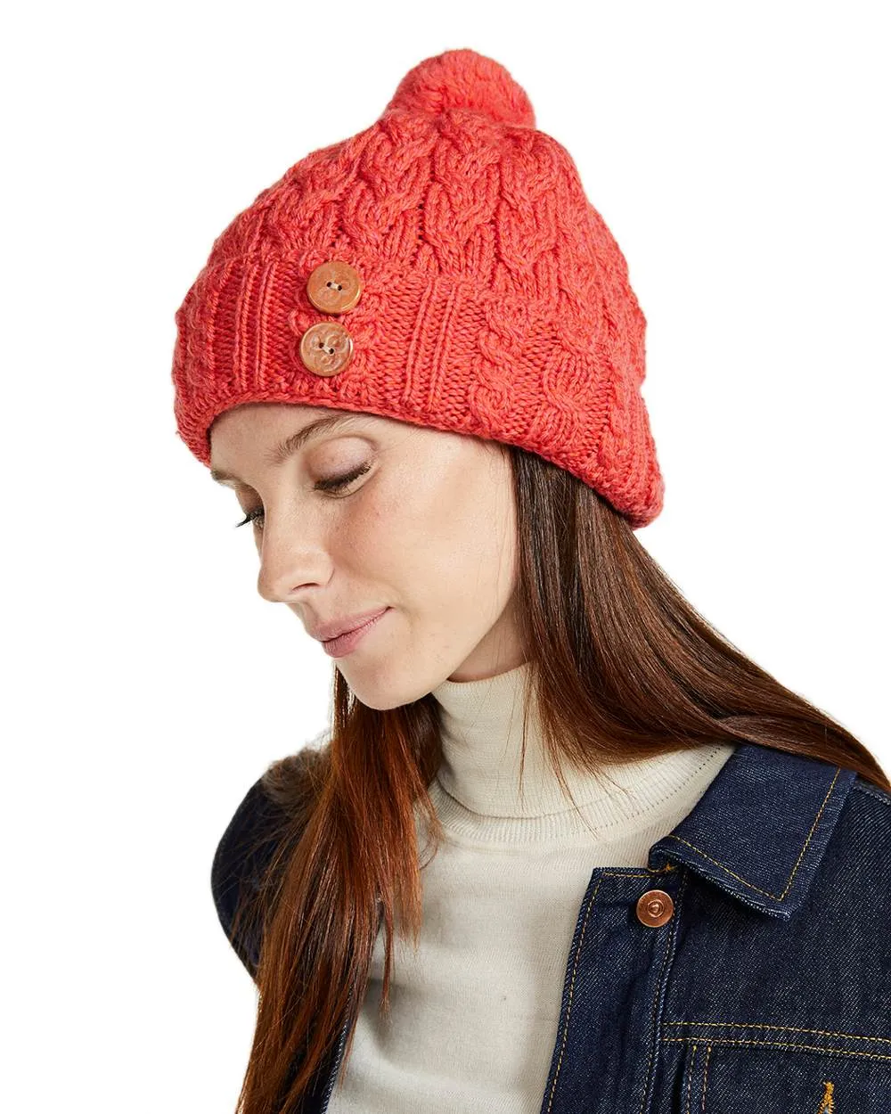 Aran Chunky Knit Button Bobble Hat