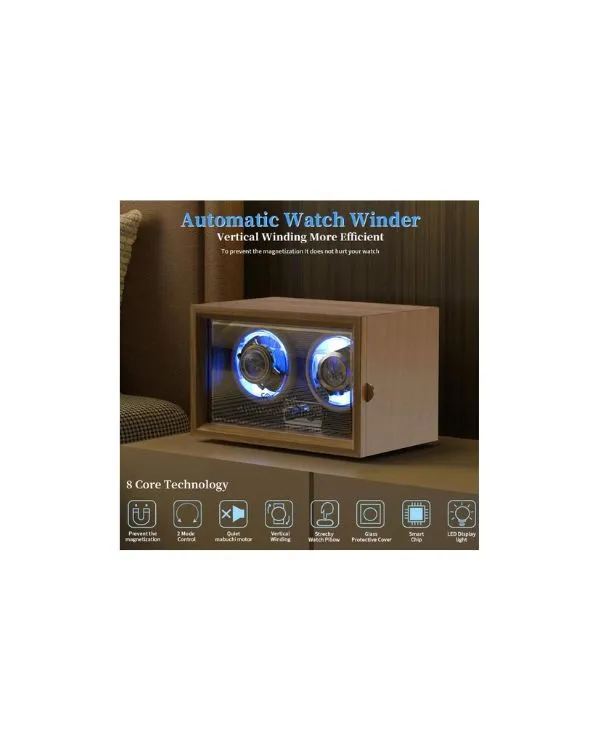 Automatic Watch Winder With LED Light Soft Flexible Watch Pillow AC Adapter Quiet Motor 4 Rotation Modes 2 Slots