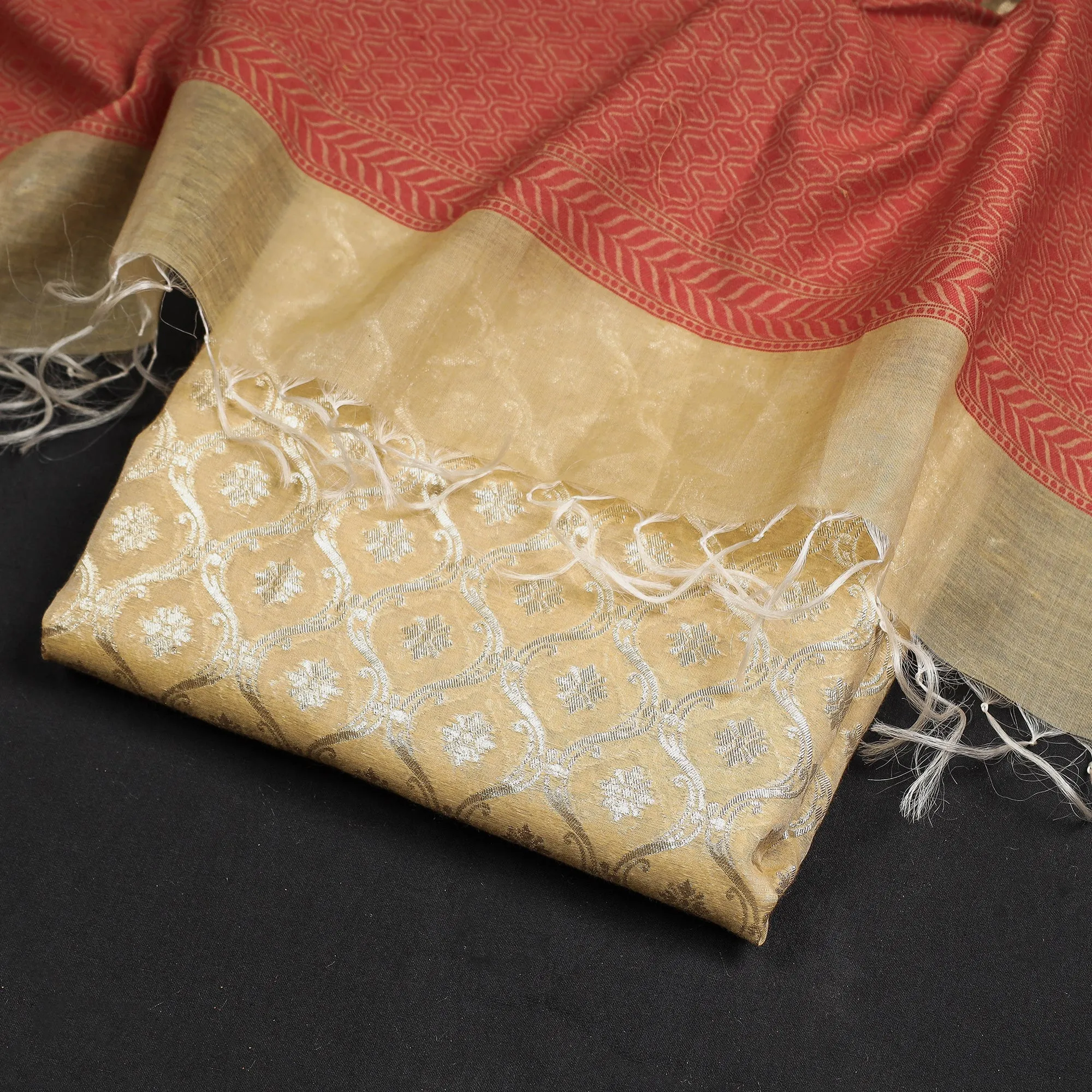 Beige - 2pc Banarasi Zari Buti Silk Cotton Handloom Suit Material Set