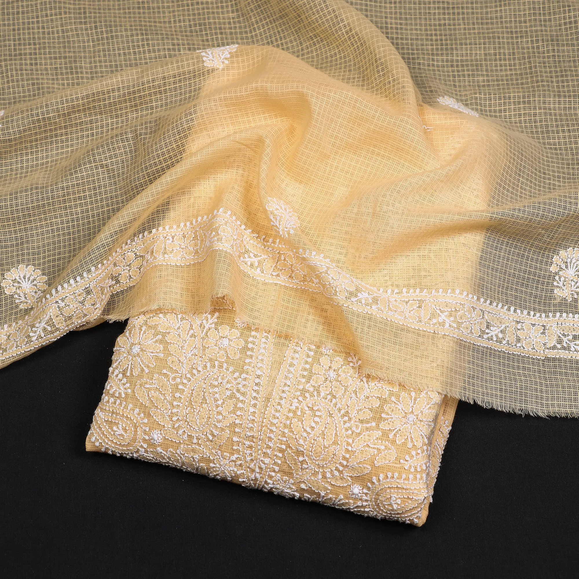 Beige - 2pc Lucknow Chikankari Hand Embroidery Kota Doria Cotton Suit Material Set