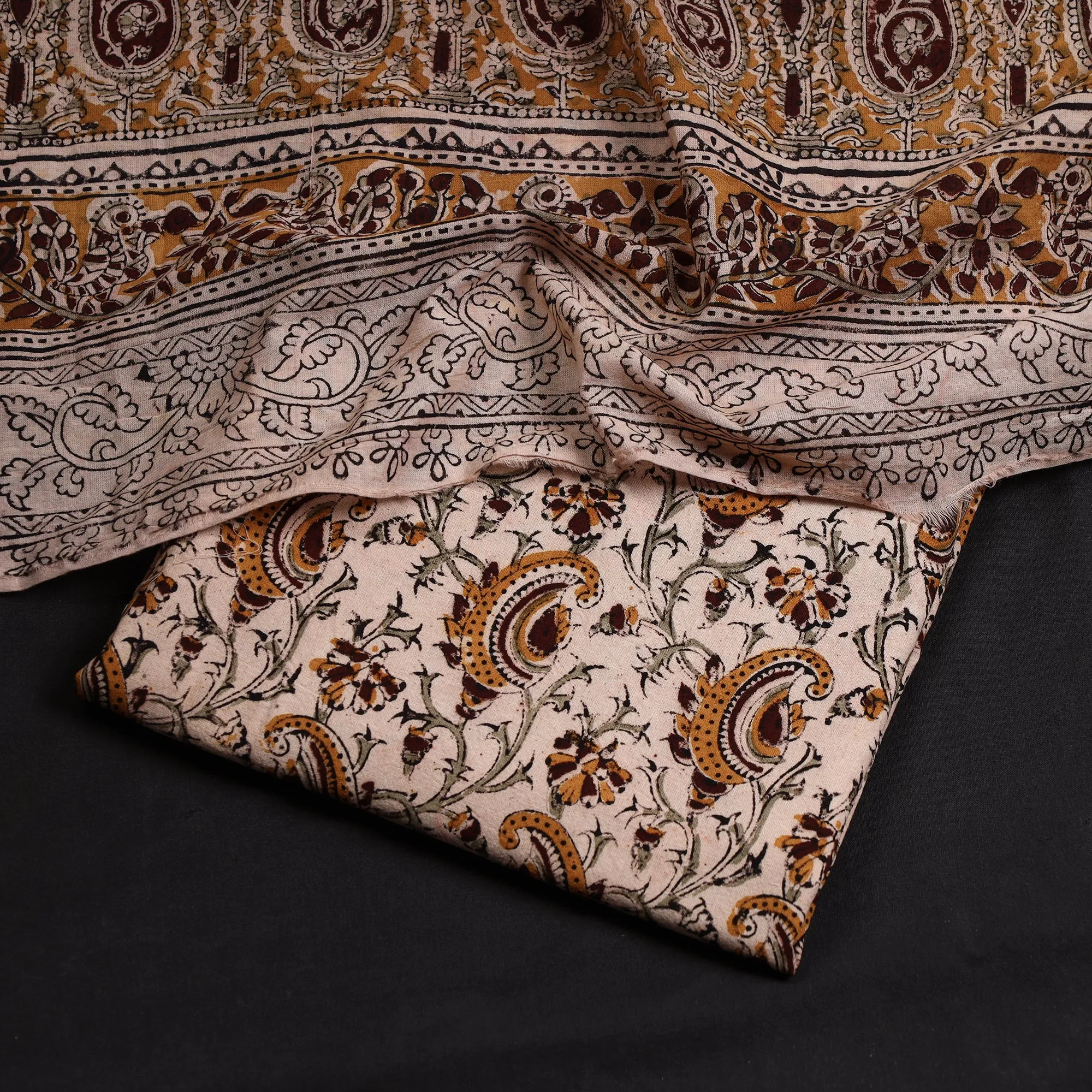 Beige - 2pc Pedana Kalamkari Block Printed Cotton Suit Material Set 15