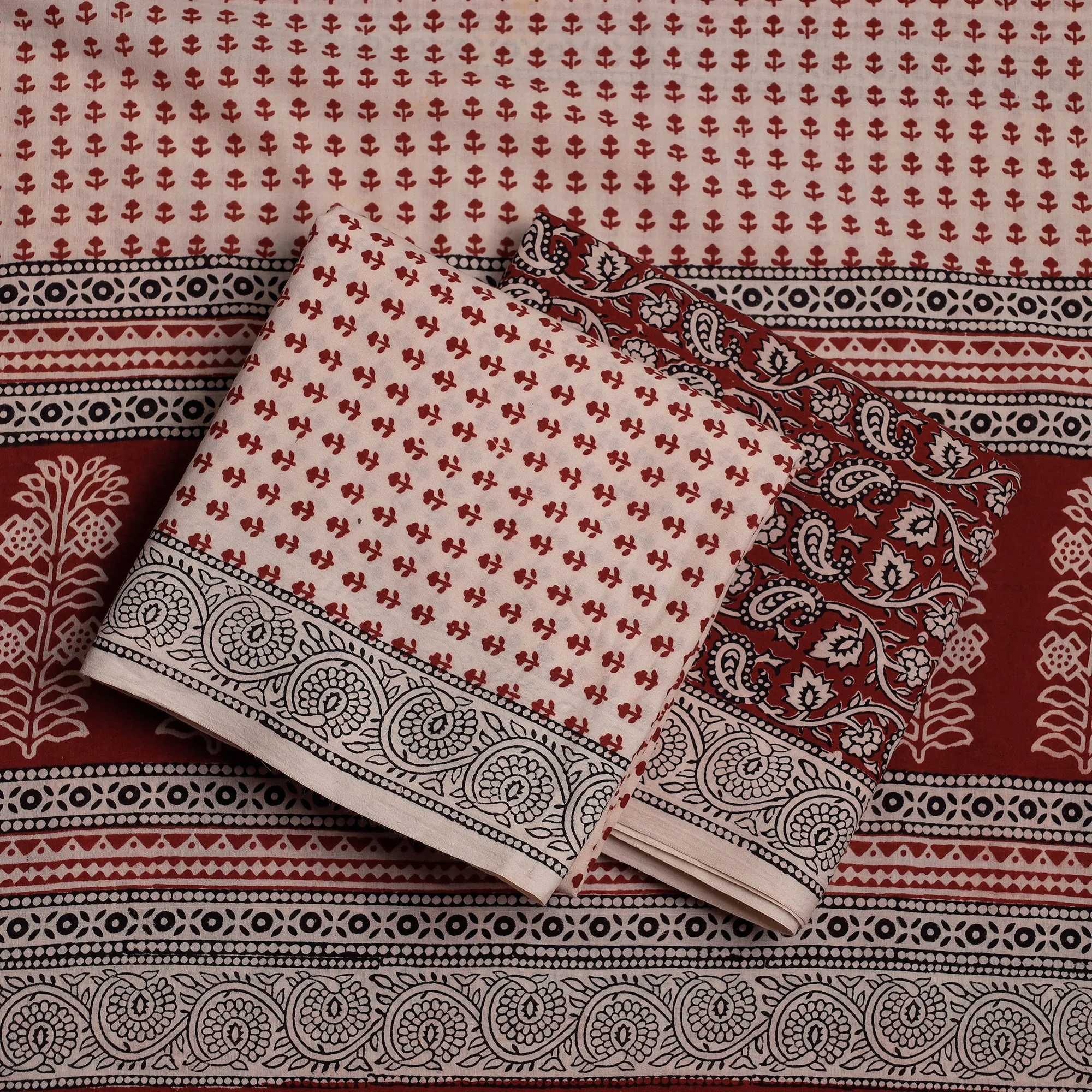 Beige - 3pc Bagh Block Printed Natural Dyed Cotton Suit Material Set 04