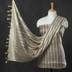 Beige - 3pc Gold Block Printed Silk Cotton Handloom Suit Material Set 09