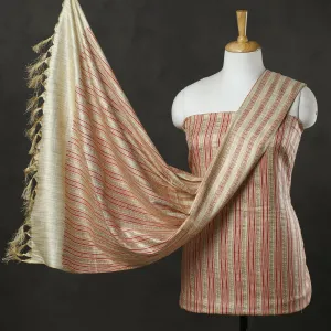 Beige - 3pc Gold Block Printed Silk Cotton Handloom Suit Material Set 14