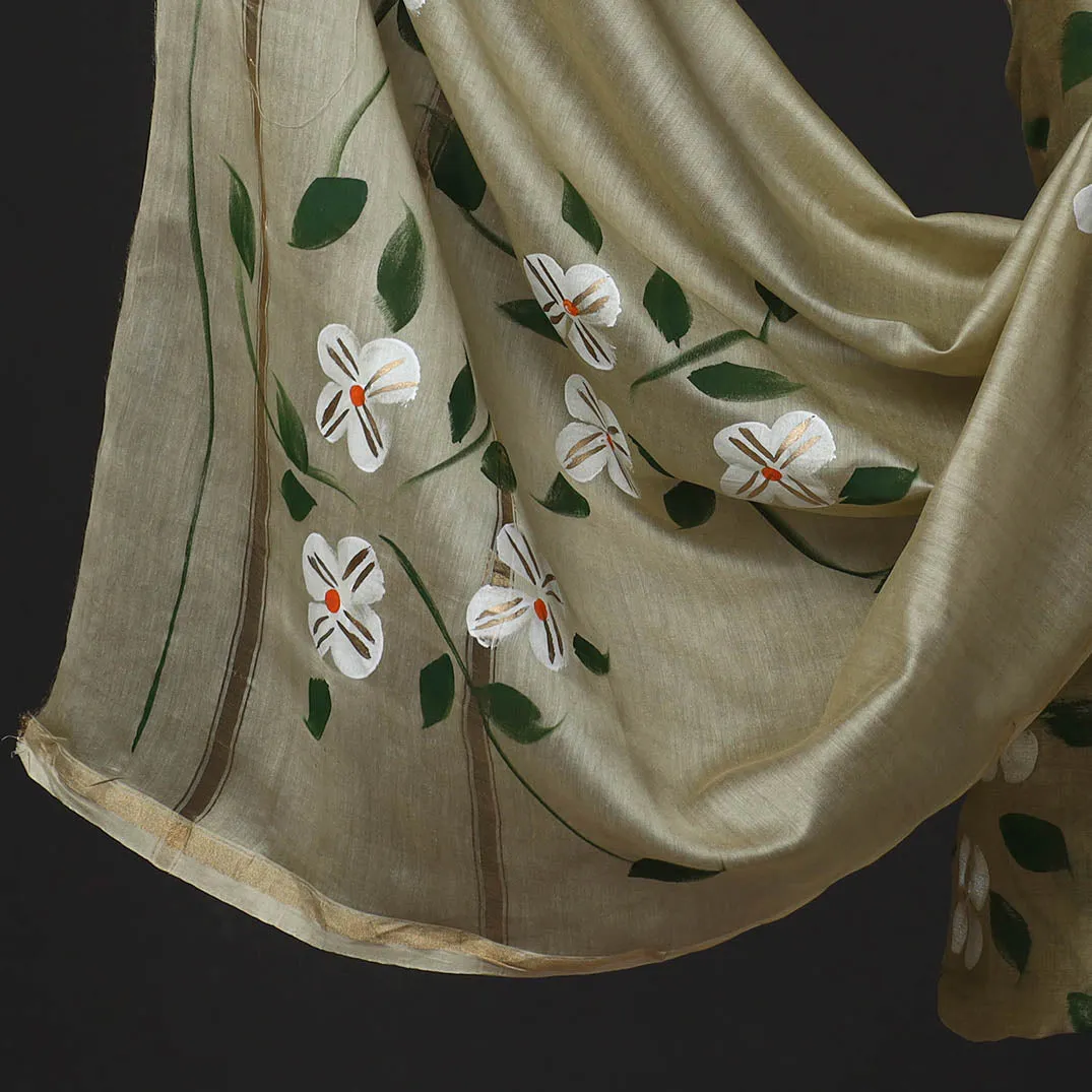 Beige - 3pc Hand Painted Chanderi Silk Suit Material Set 09