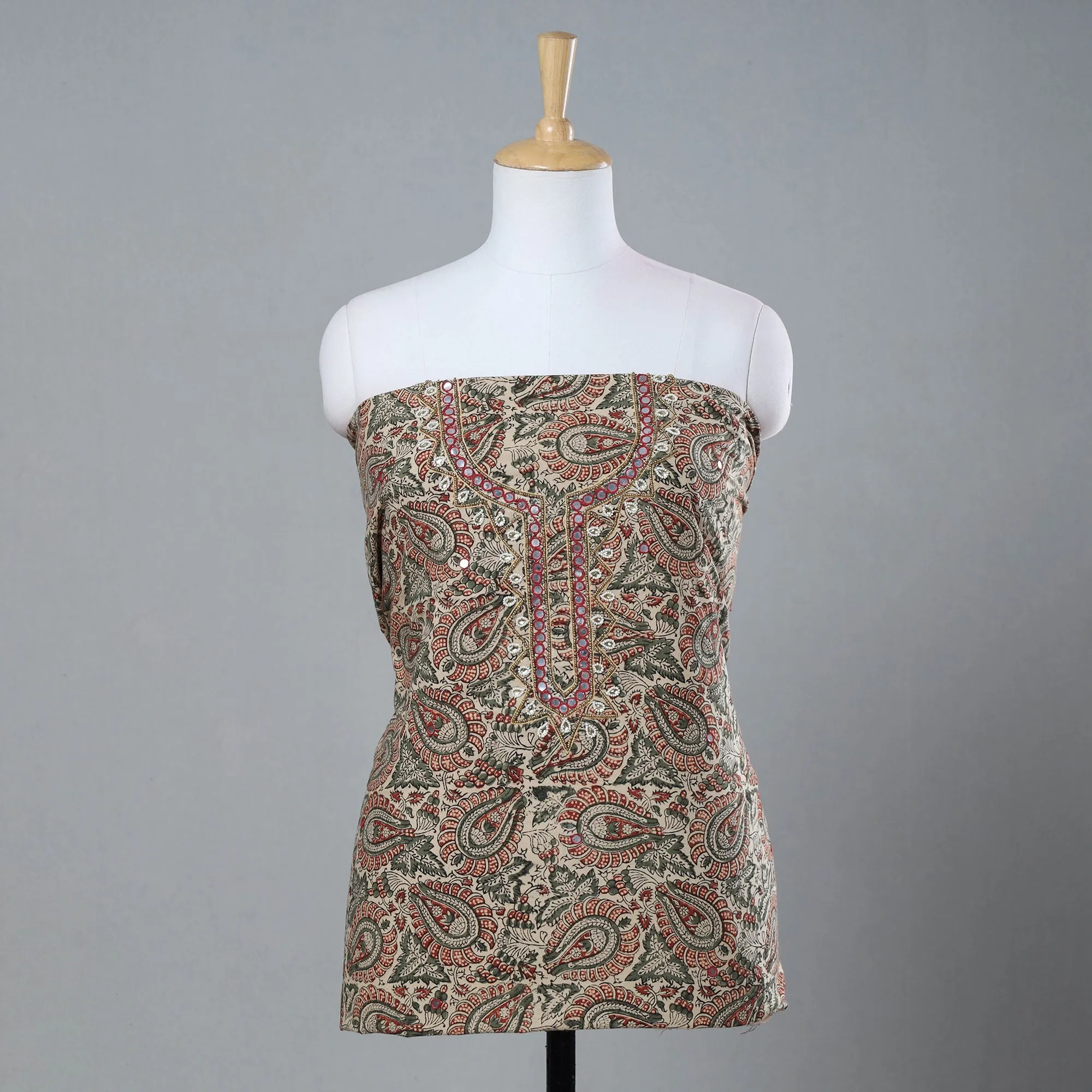 Beige - Bead Work Embroidery Kalamkari Block Printed Cotton Kurta Material - 2.5 meter