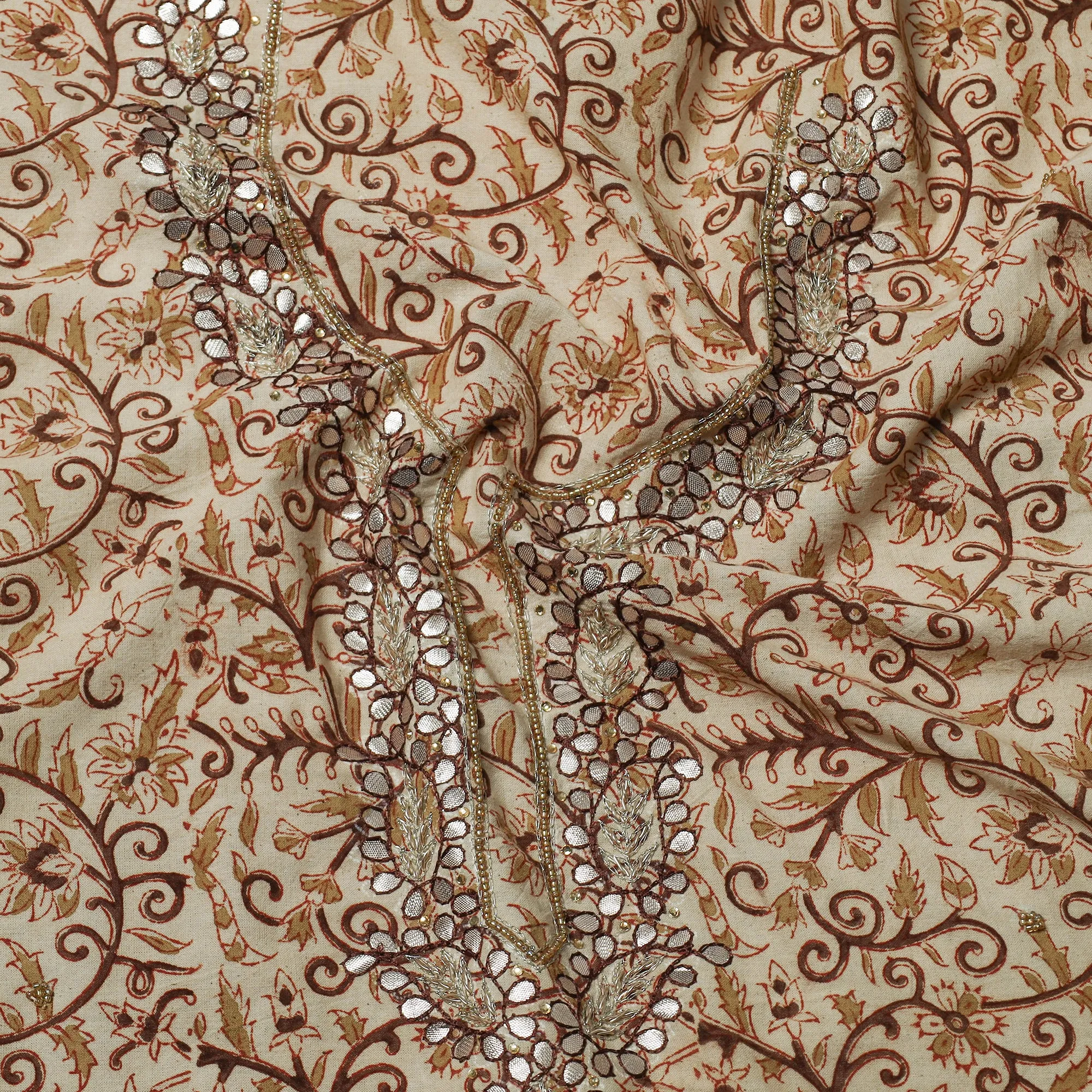 Beige - Kalamkari Block Printed Gota Patti & Bead Work Embroidered Cotton Kurta Material - 2.55 Meter