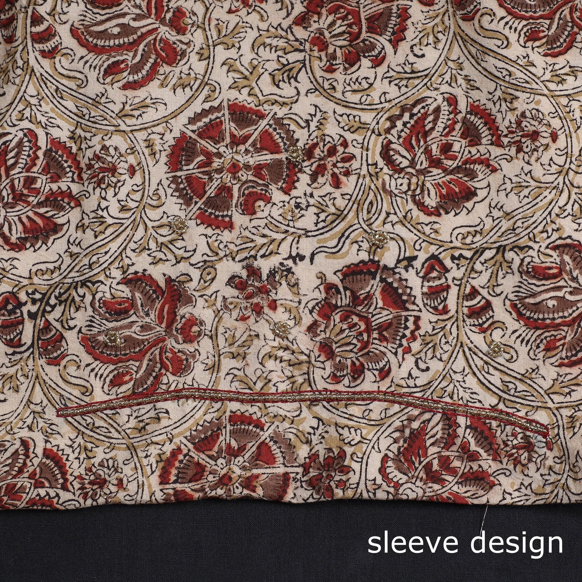 Beige - Kalamkari Block Printed Kundan & Bead Work Hand Embroidery Cotton Kurta Material - 2.6 Meter