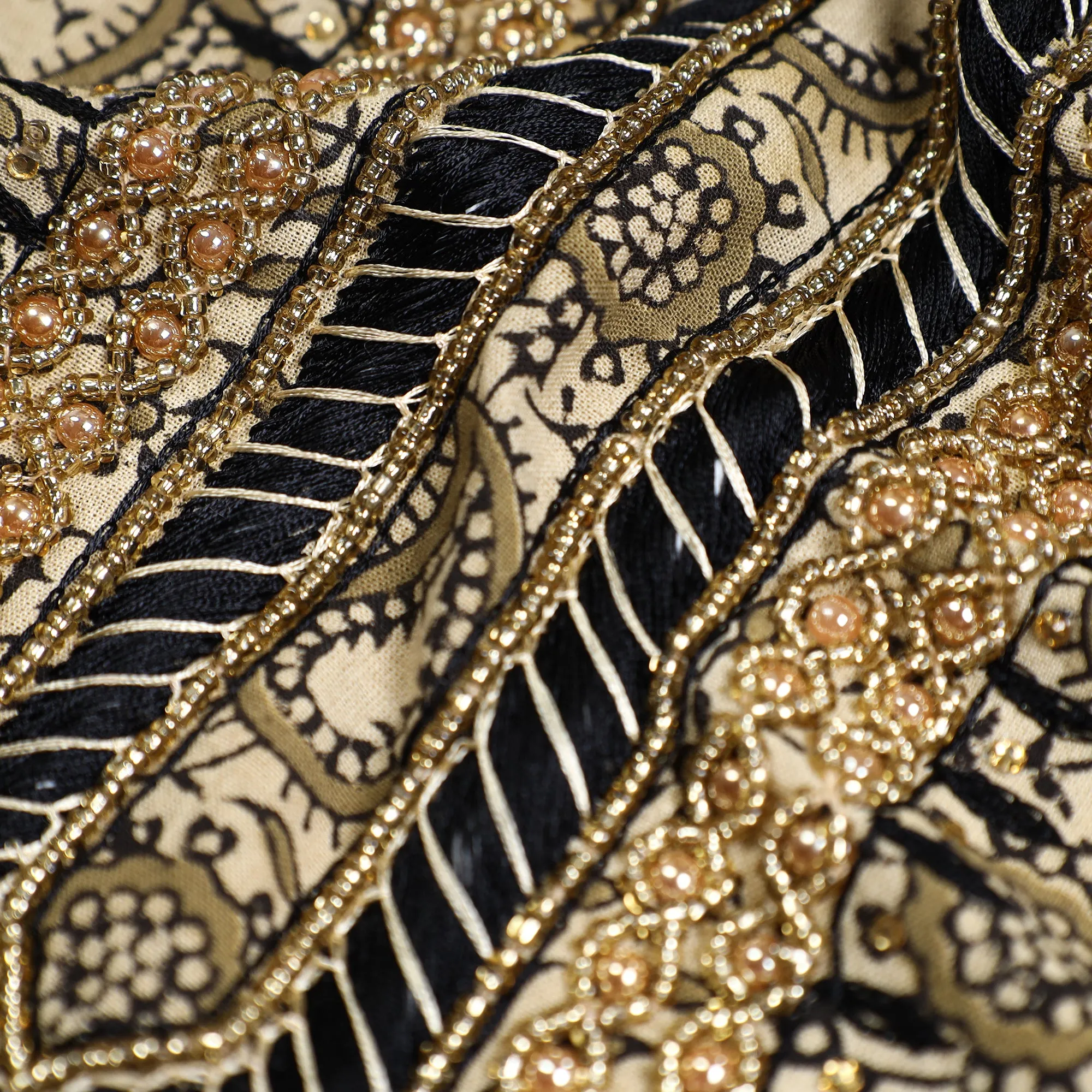 Beige - Kalamkari Block Printed Thread & Bead Work Embroidered Cotton Kurta Material - 2.75 Meter