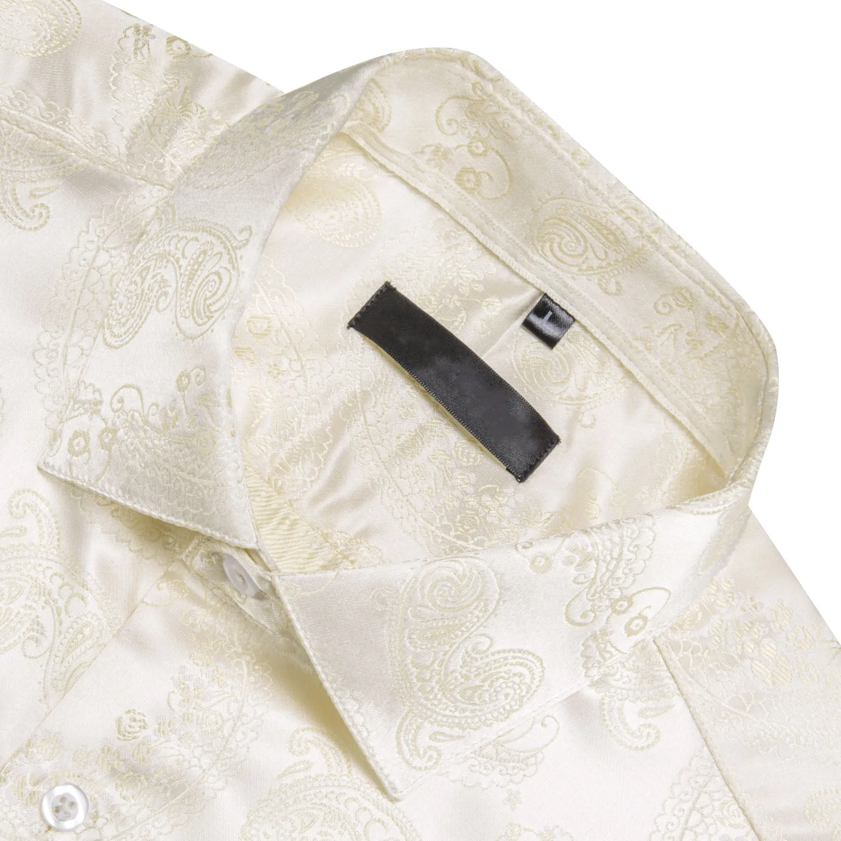 Beige Light Yellow Paisley Silk Men's Long Sleeve Shirt