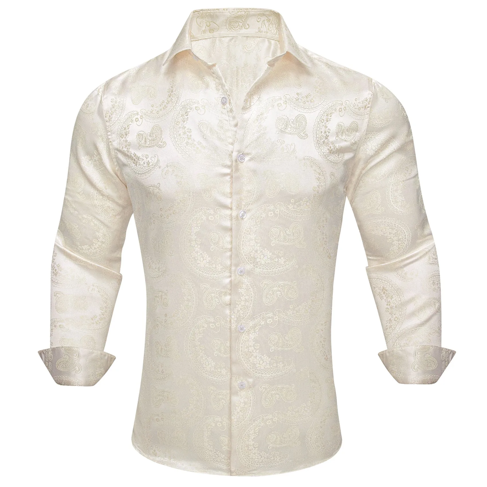 Beige Light Yellow Paisley Silk Men's Long Sleeve Shirt