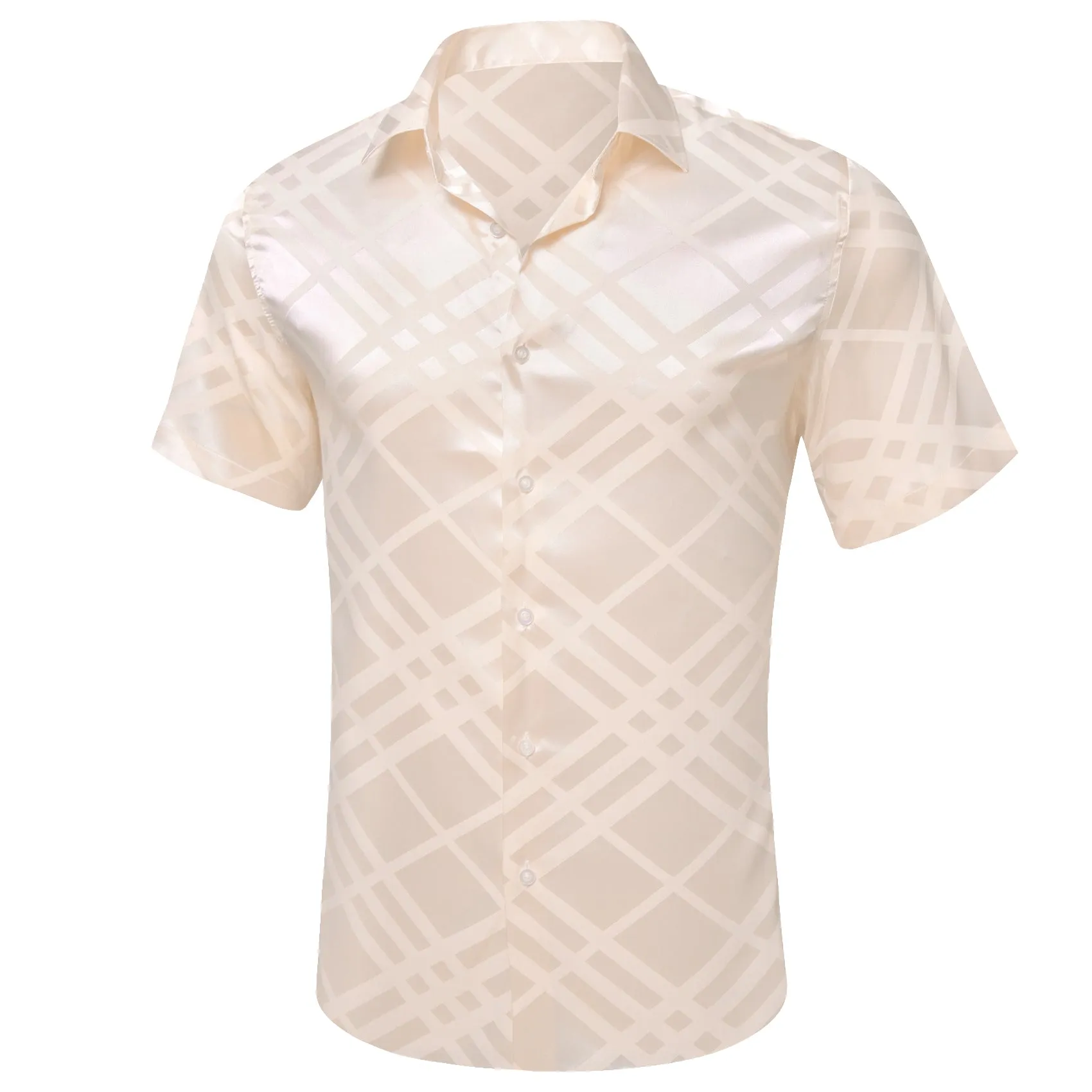 Beige Plaid Silk Men's Short Sleeve Shirt