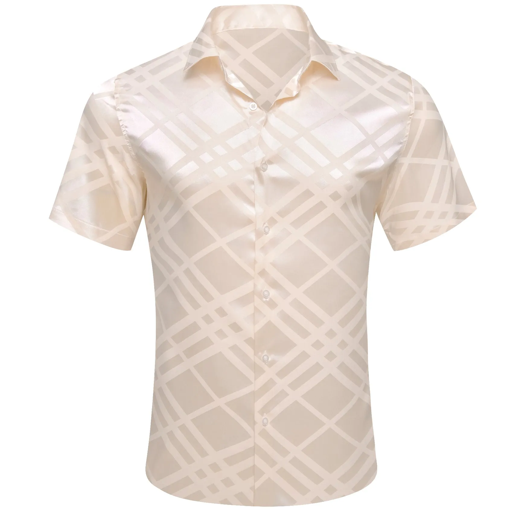 Beige Plaid Silk Men's Short Sleeve Shirt