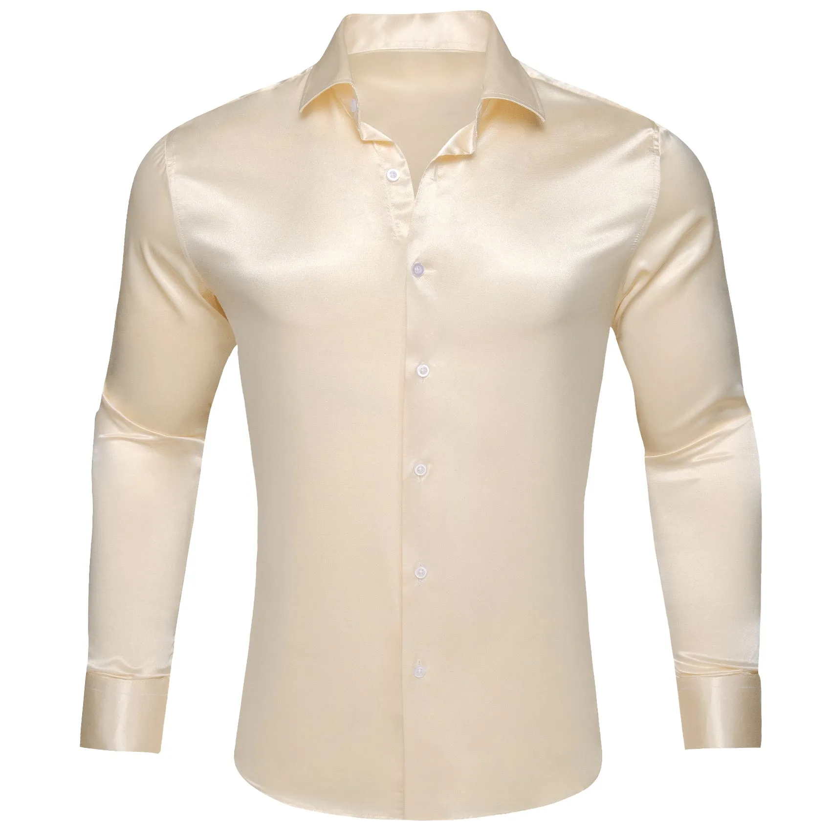 Beige Satin Solid Silk Men's Long Sleeve Shirt