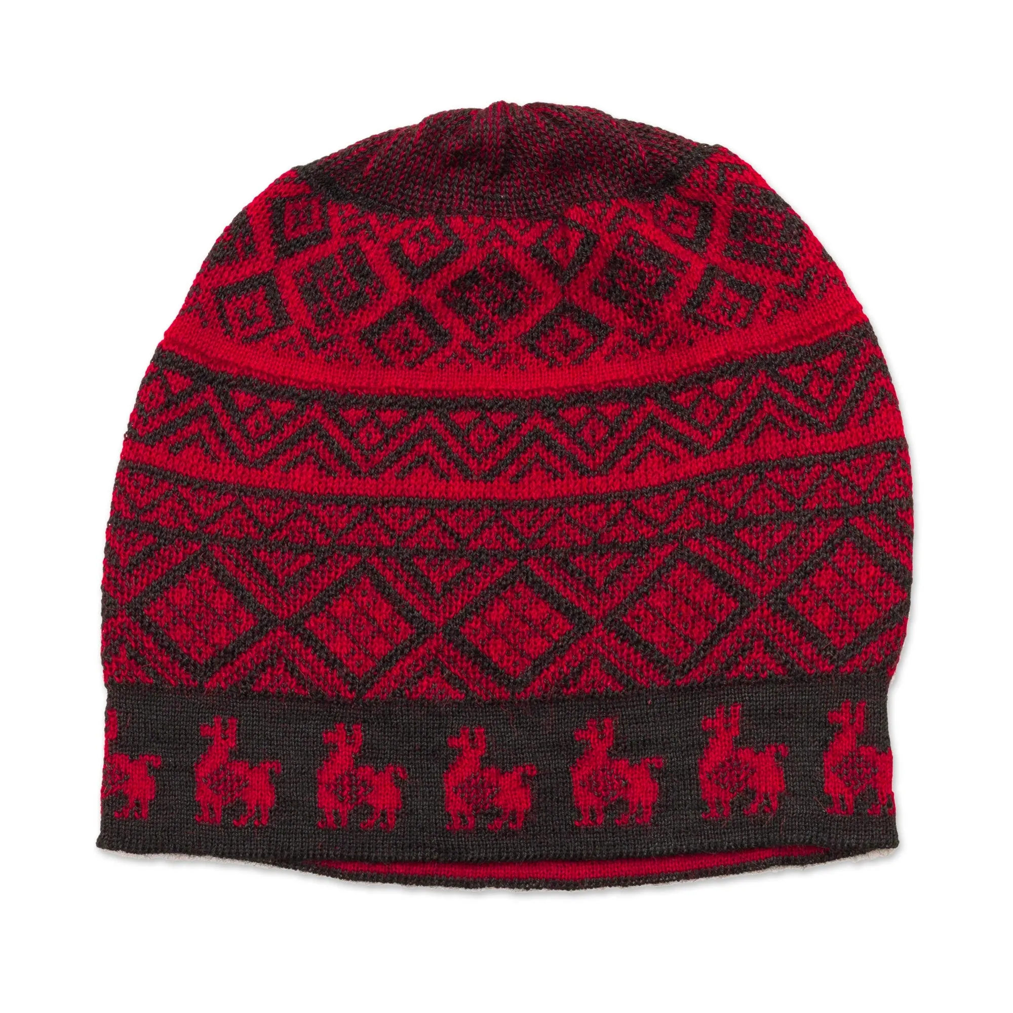 Black and Crimson Red Diamond Motif Alpaca Blend Knit Hat - Alpaca Parade in Red | NOVICA