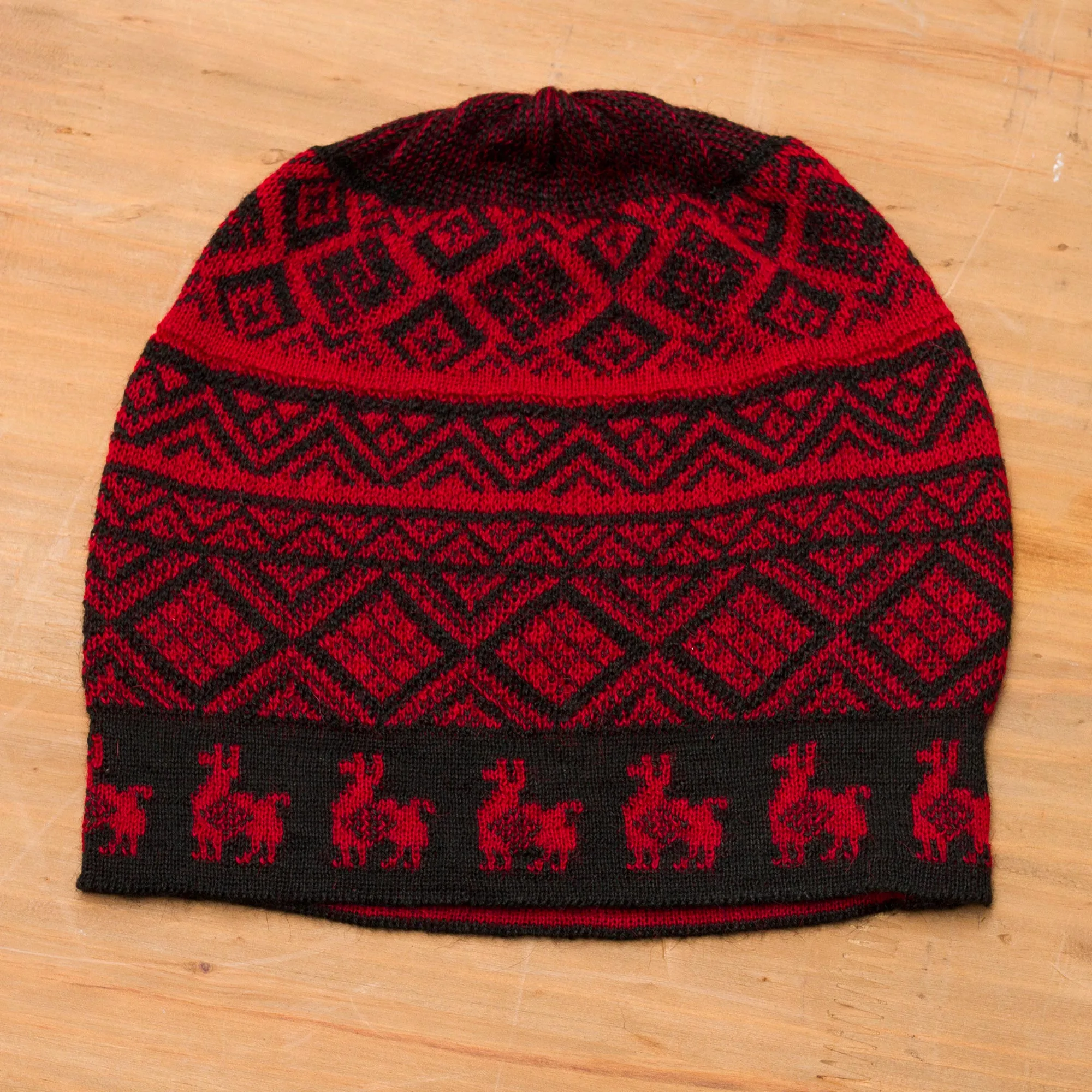 Black and Crimson Red Diamond Motif Alpaca Blend Knit Hat - Alpaca Parade in Red | NOVICA