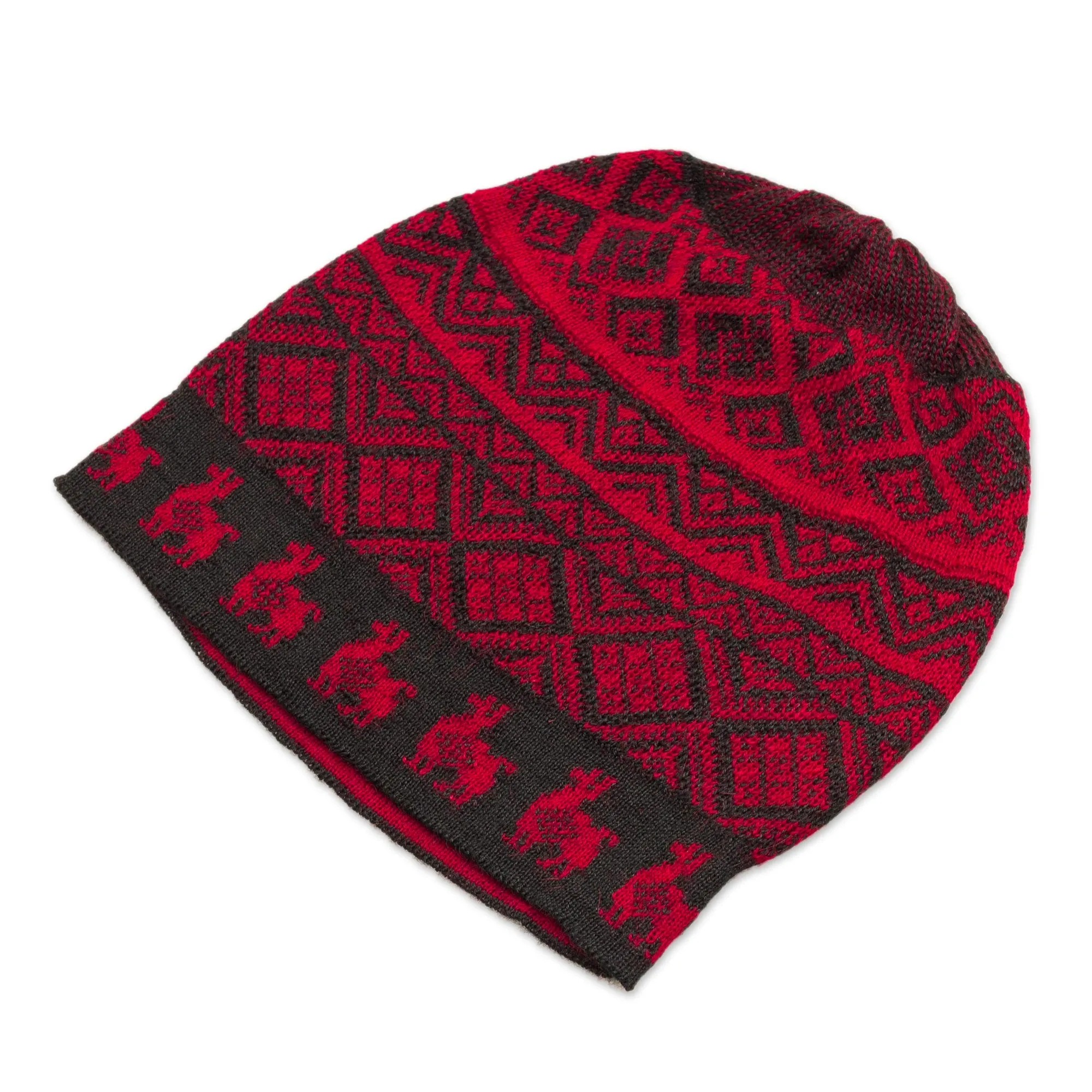 Black and Crimson Red Diamond Motif Alpaca Blend Knit Hat - Alpaca Parade in Red | NOVICA