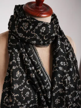 Black Indian Cashmere Lightweight Scarf with Hand Embroidery