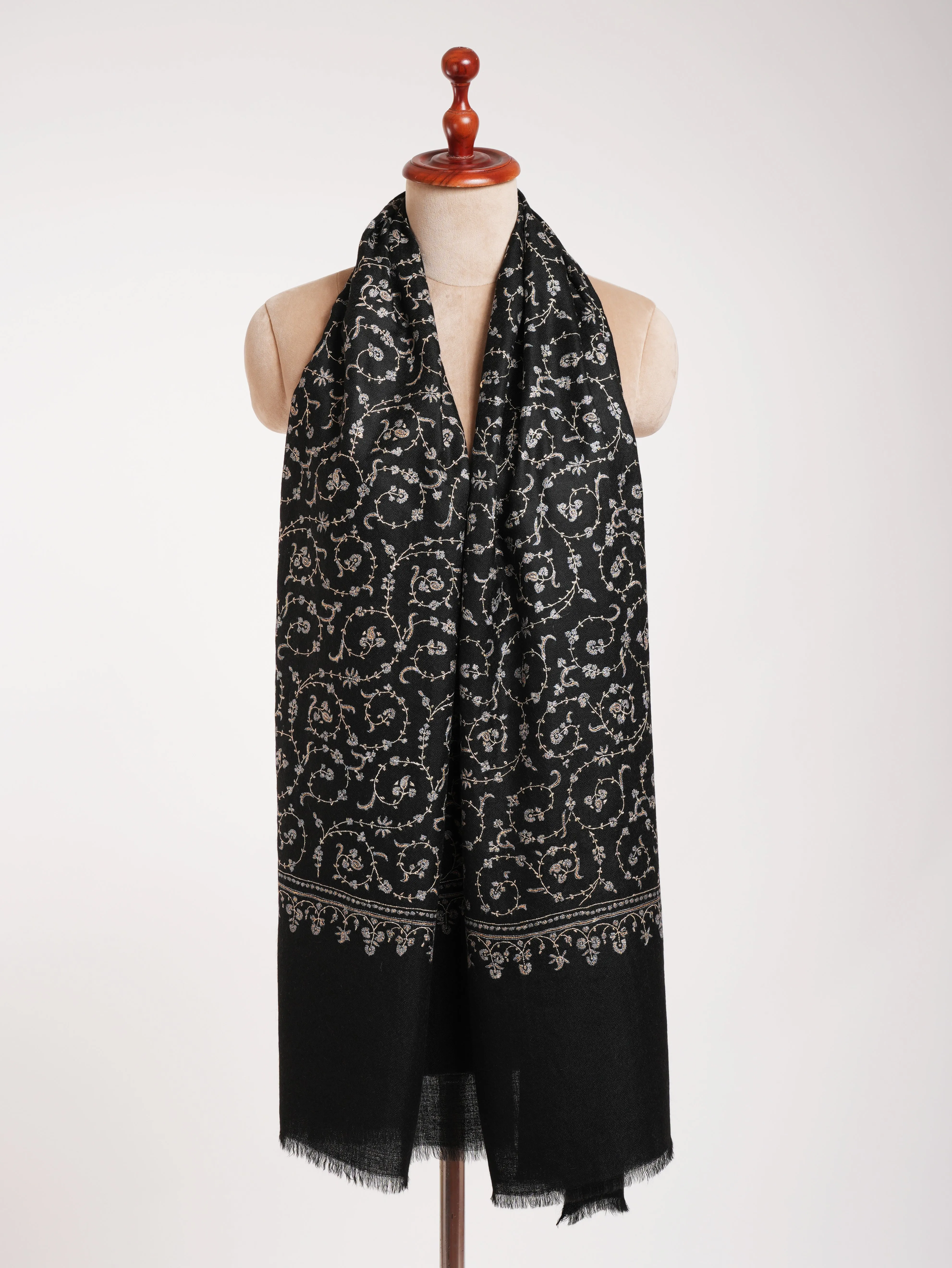 Black Indian Cashmere Lightweight Scarf with Hand Embroidery