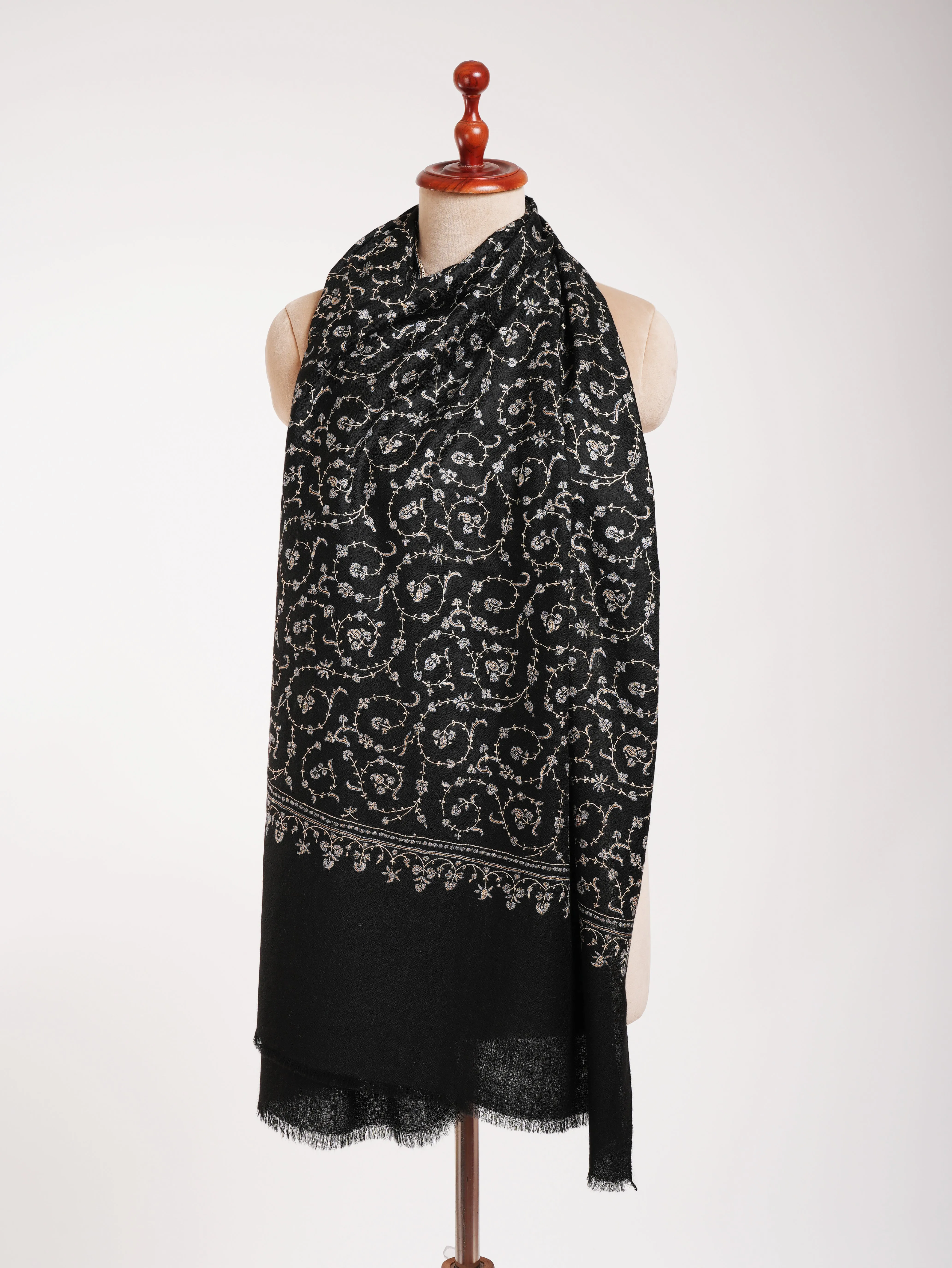 Black Indian Cashmere Lightweight Scarf with Hand Embroidery