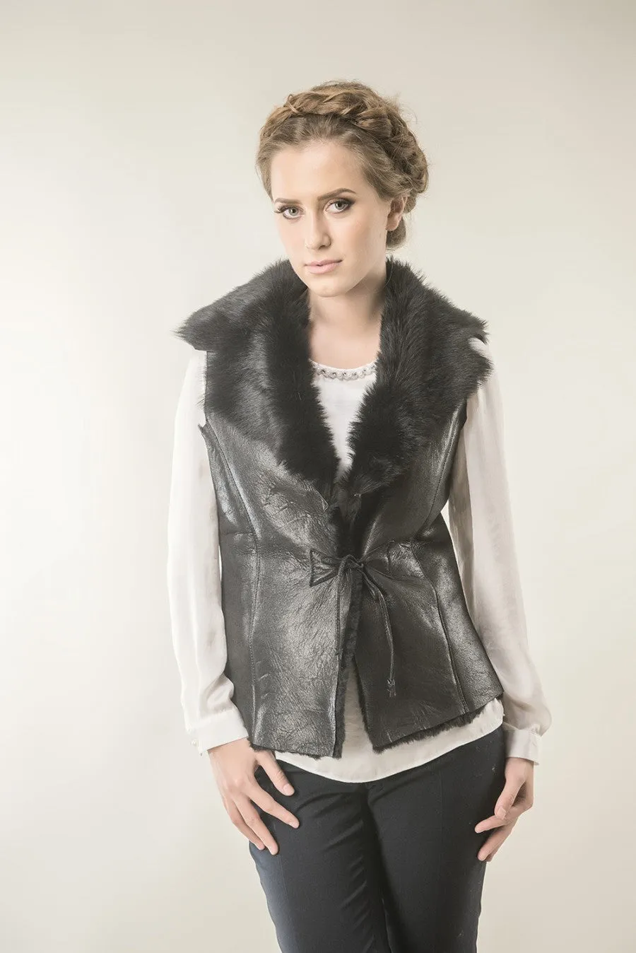 Black Merino Fur Nappa Lamb Leather Vest