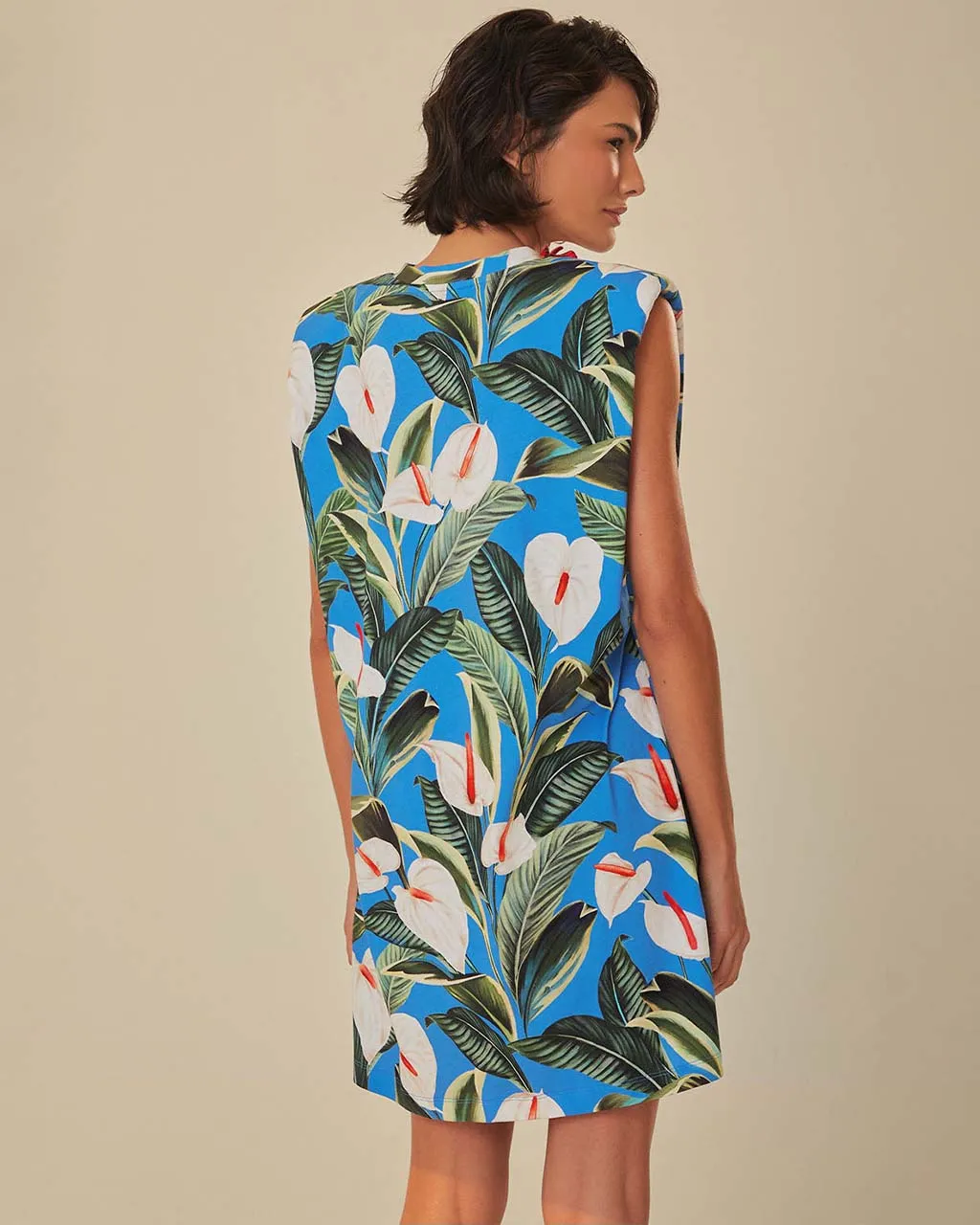 Blue Anthurium Garden Organic Cotton Mini T-Shirt Dress