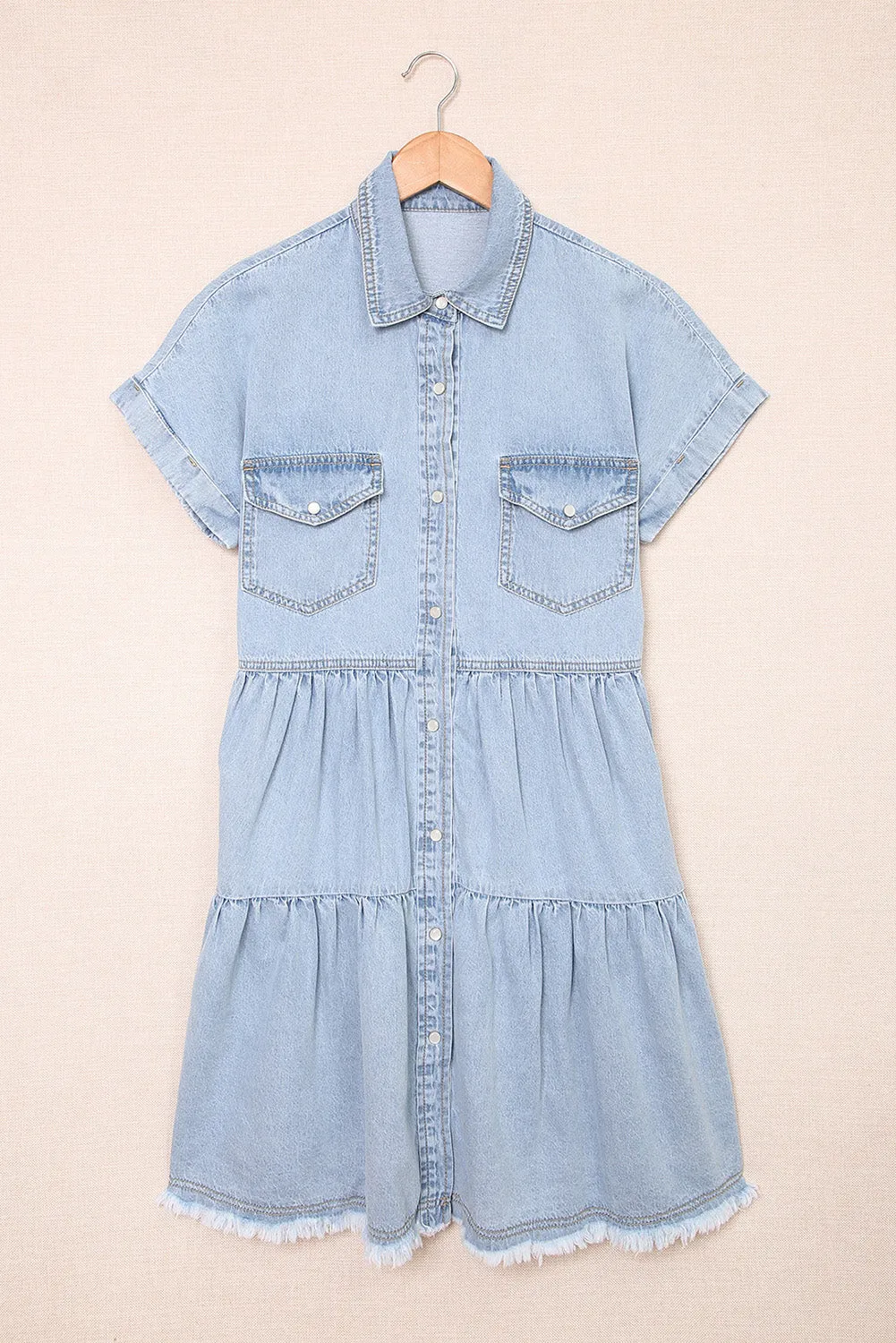 Blue Button Up Short Sleeve Denim Shirt Dress