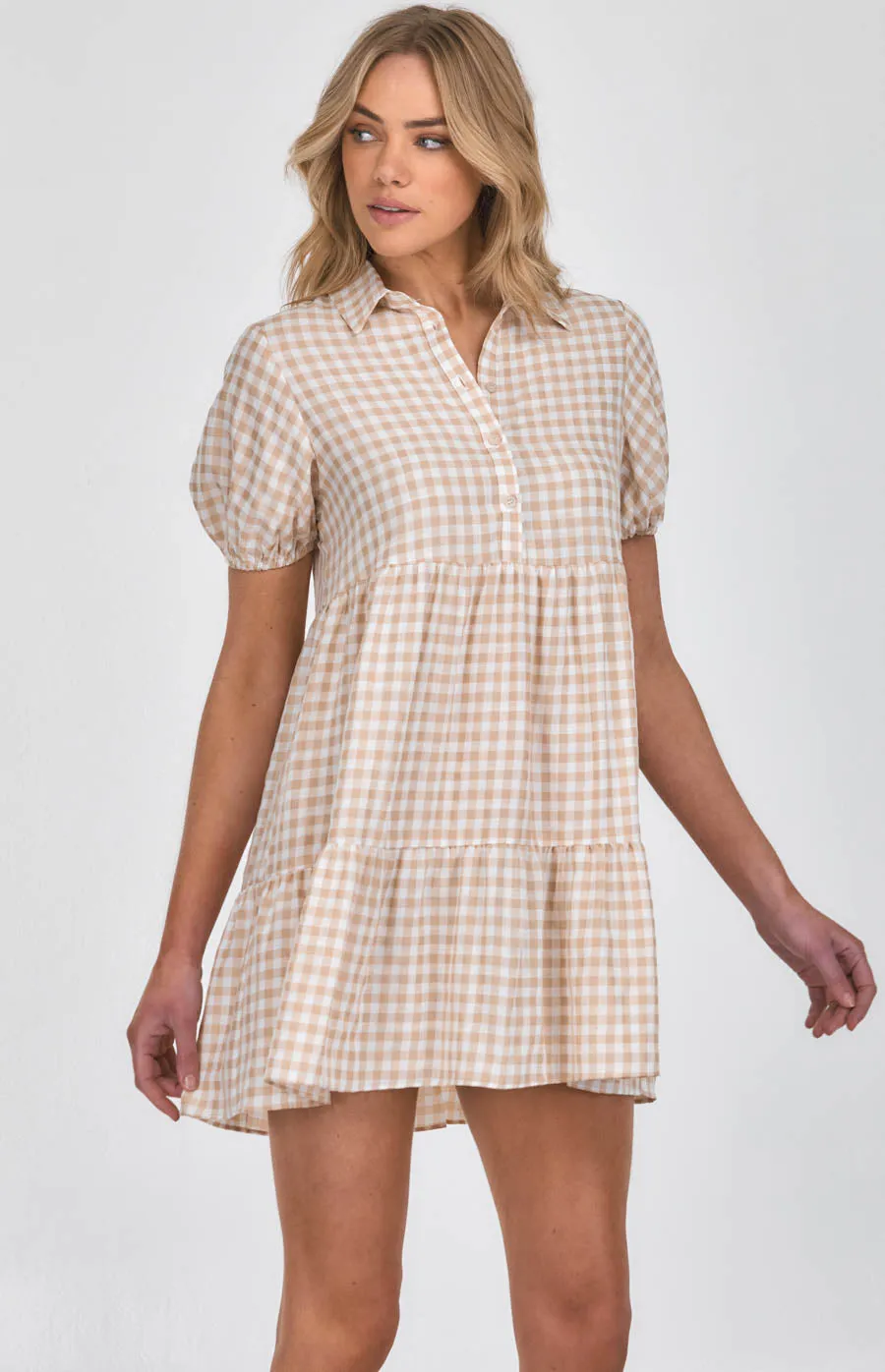 Checkered Tiered Shirt Dress