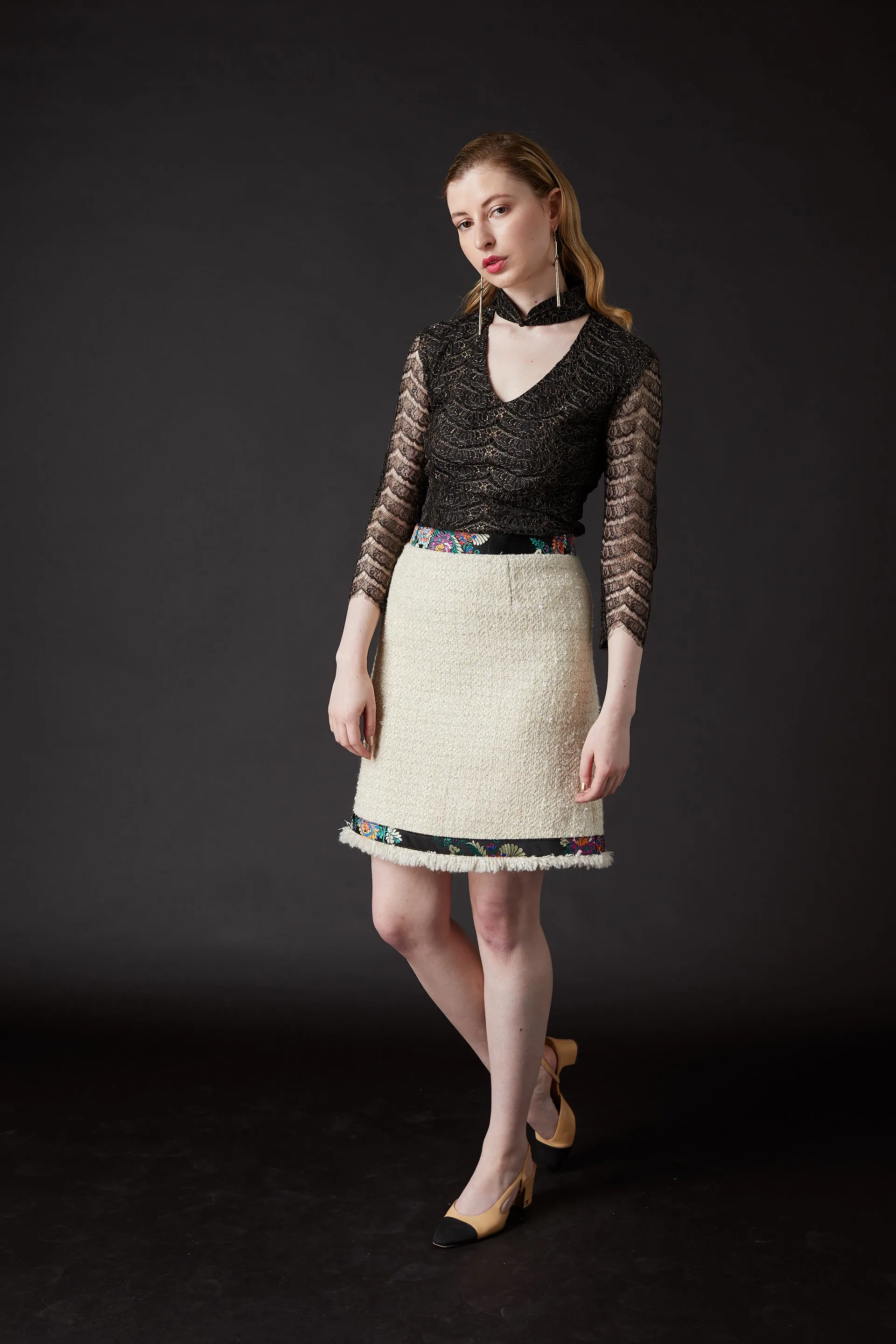 Chelsea Tang Tweed Skirt White