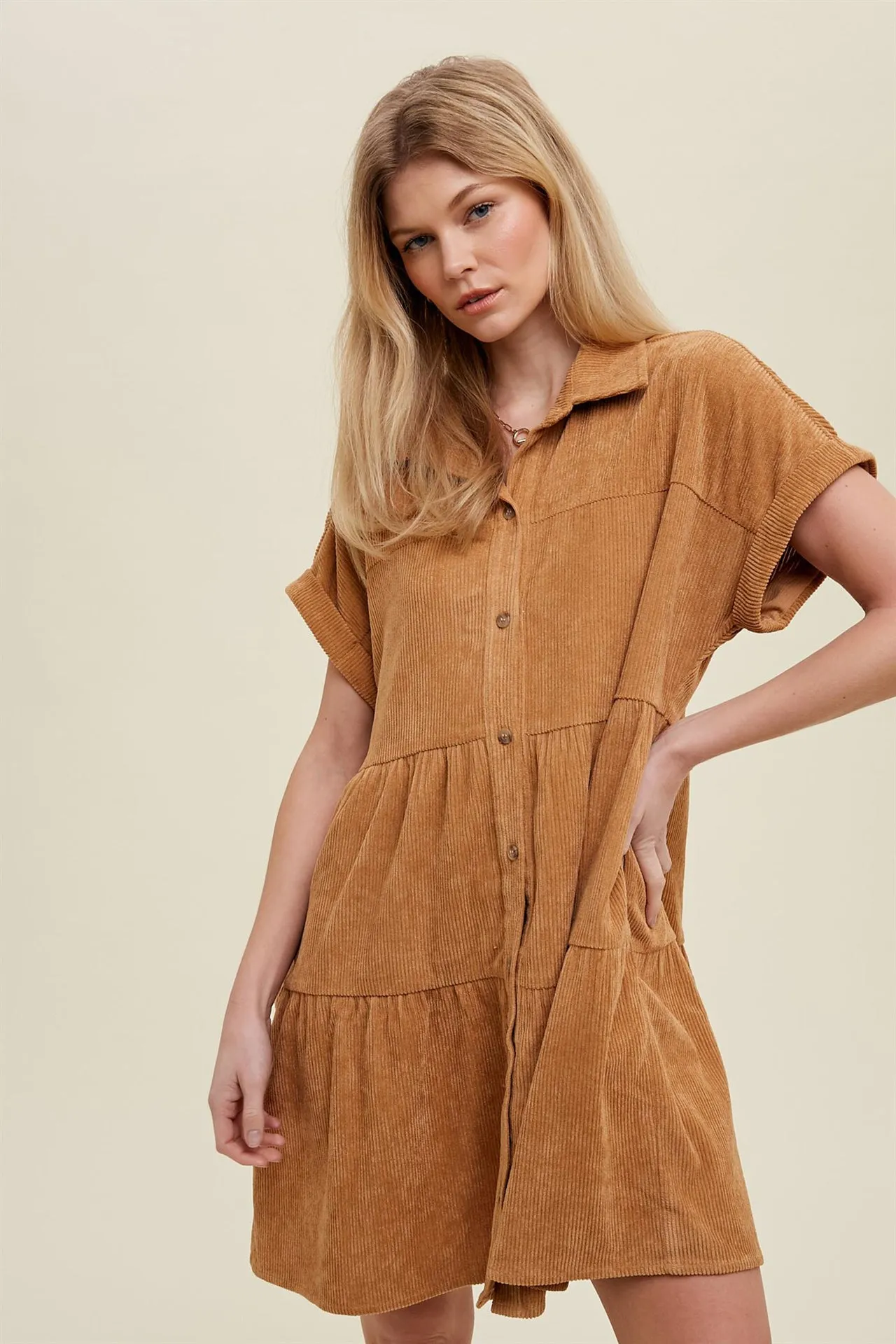 Corduroy tiered mini dress with buttons and side pockets