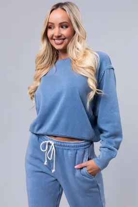 Cornflower Washed Long Sleeve Knit Sweatshirt