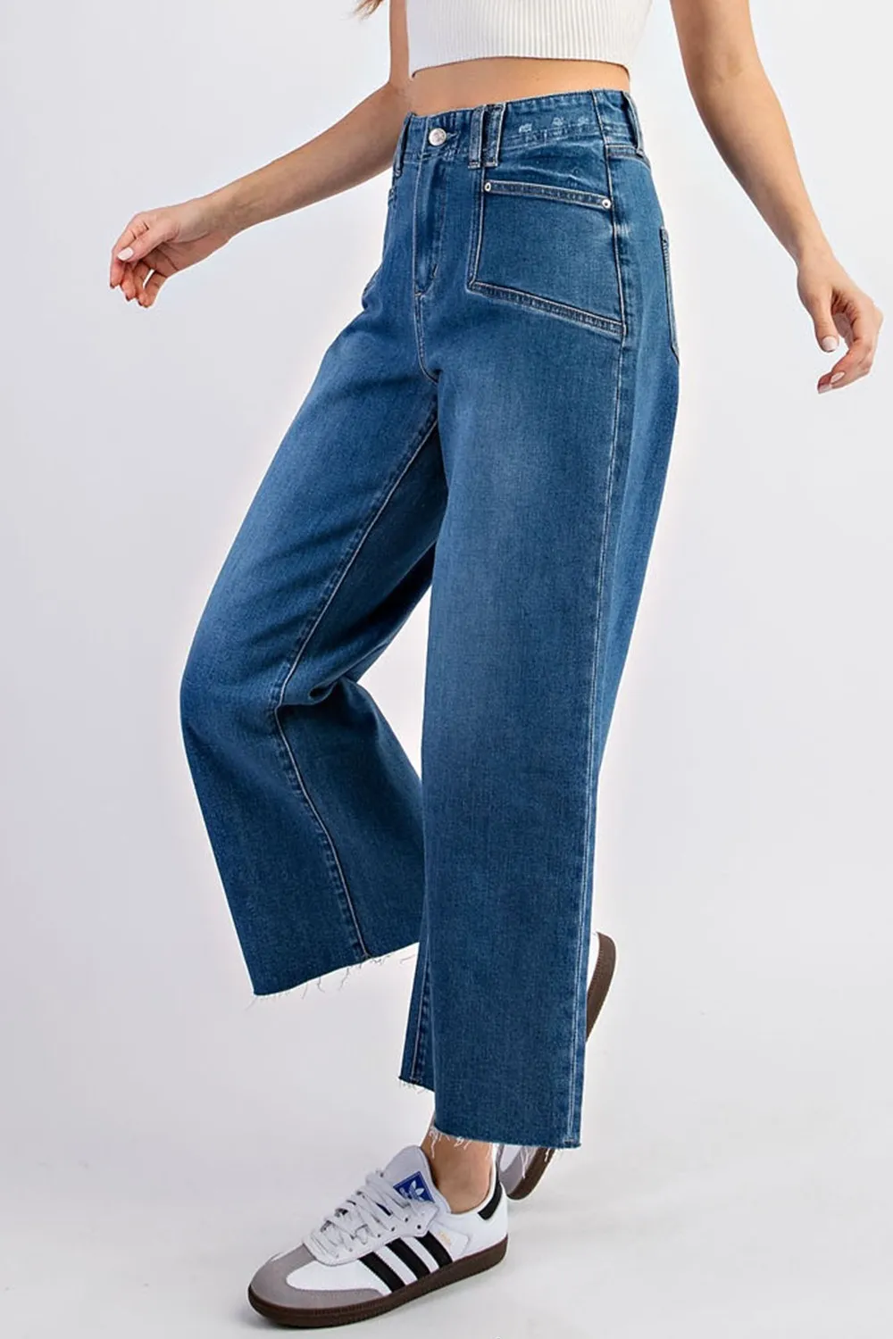 Cropped denim straight leg jeans