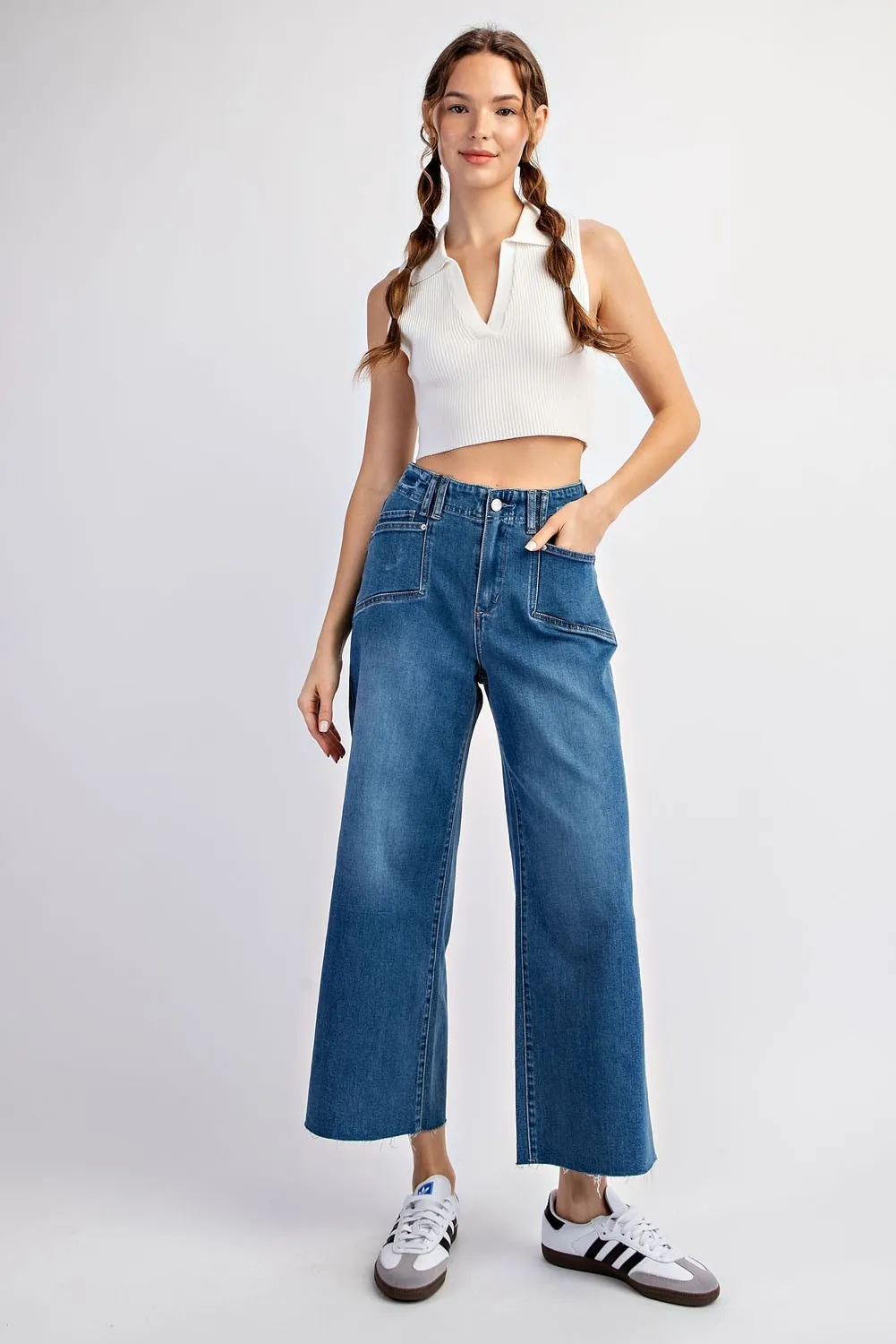 Cropped denim straight leg jeans