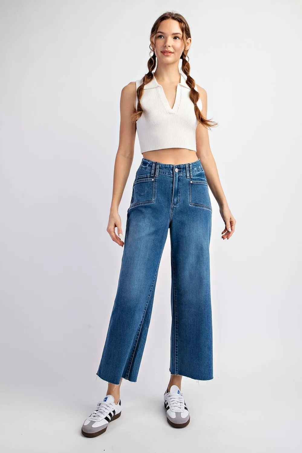 Cropped denim straight leg jeans