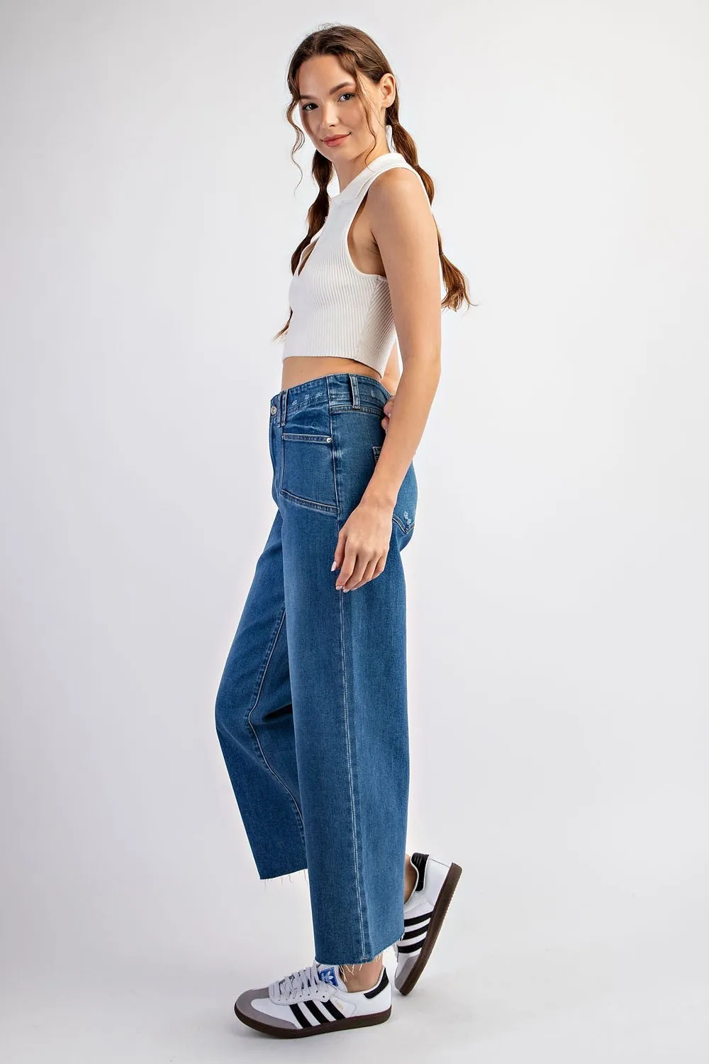 Cropped denim straight leg jeans