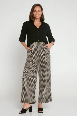 Daria Wide Leg Pants - Black/Beige Chevron