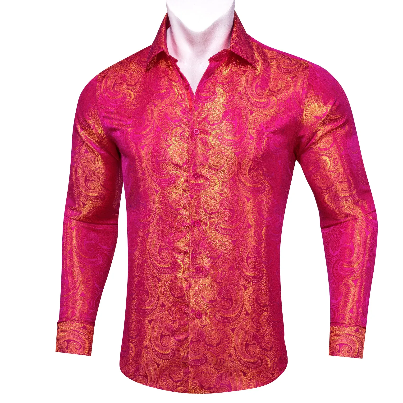 DeepPink Golden Paisley Silk Men's Long Sleeve Shirt