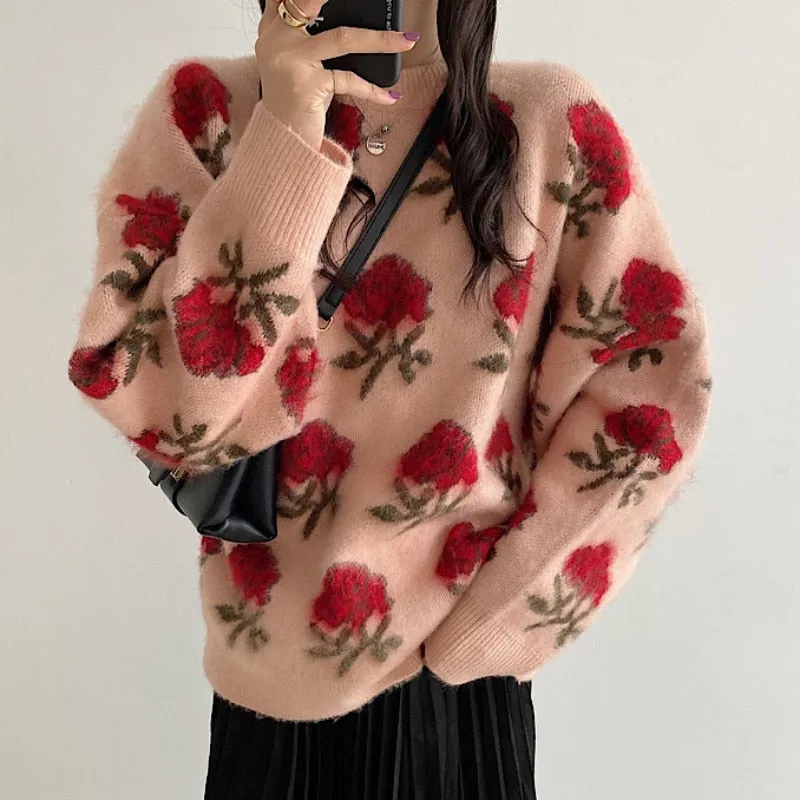 Designed Women Jumper Elegant Korean Women Rose Embroidery Sweater Pullover Winter Thick Ladies Casual Tops