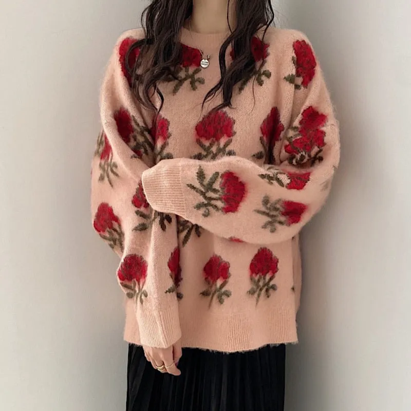 Designed Women Jumper Elegant Korean Women Rose Embroidery Sweater Pullover Winter Thick Ladies Casual Tops