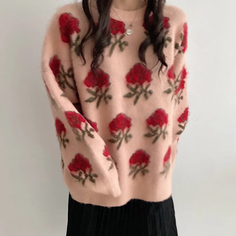 Designed Women Jumper Elegant Korean Women Rose Embroidery Sweater Pullover Winter Thick Ladies Casual Tops