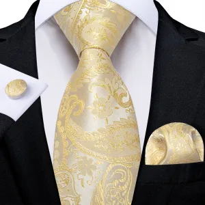 DiBanGu Dress Tie Blonde Yellow Paisley Men's Silk Tie Hanky Cufflinks Set