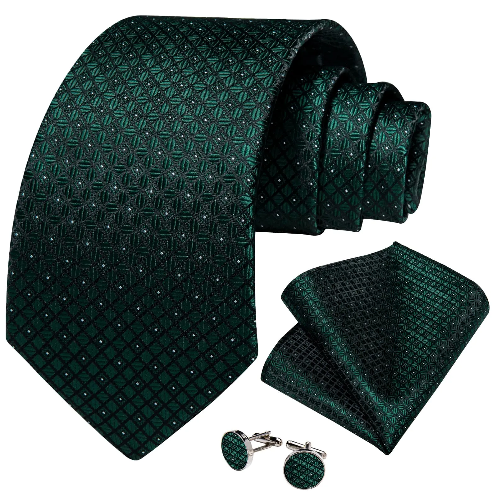 DiBanGu Dress Tie Forest Green Plaid Men's Silk Tie Handkerchief Cufflinks Set