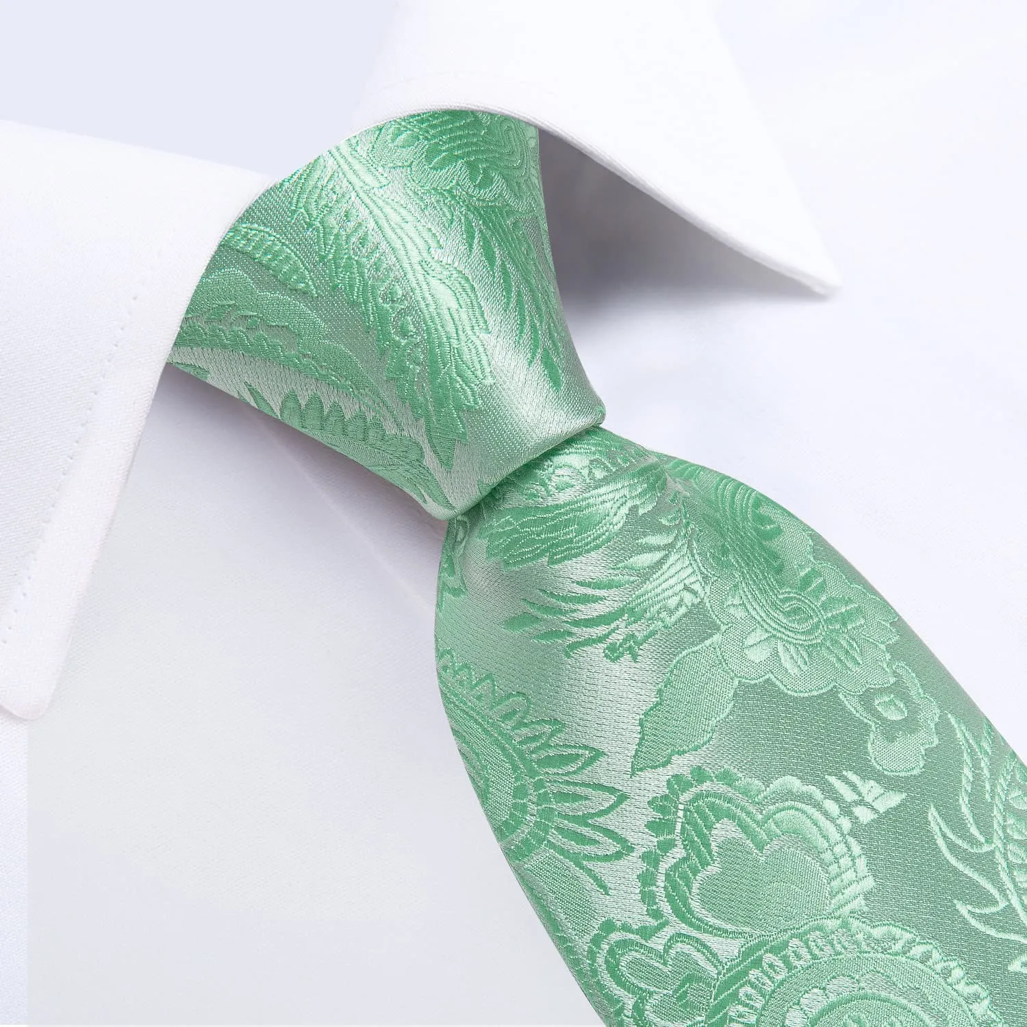 DiBanGu Silk Necktie Mint Green Floral Mens Dress Tie Pocket Square Cufflinks Set