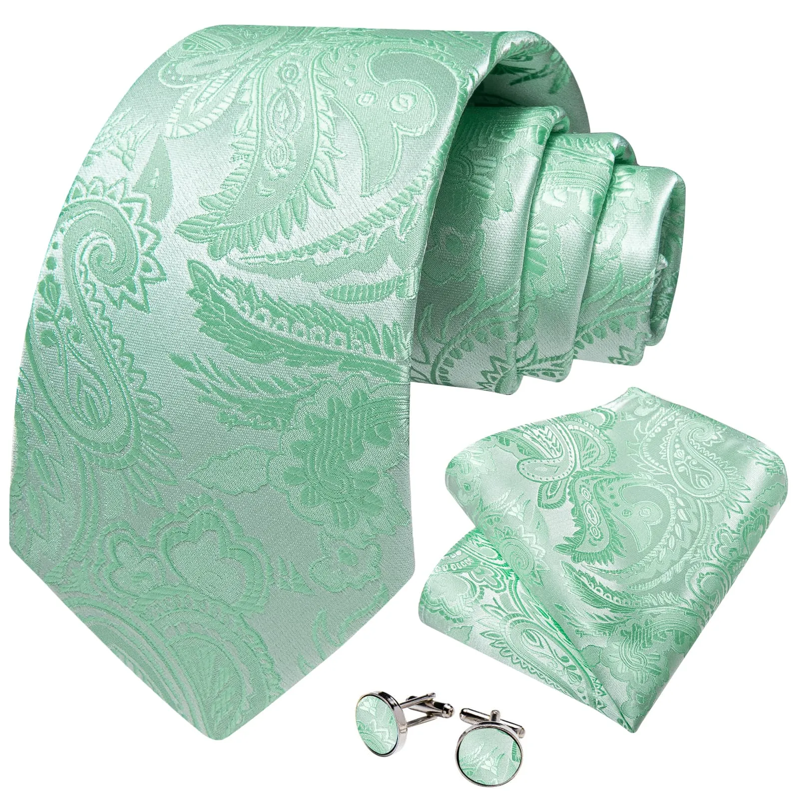 DiBanGu Silk Necktie Mint Green Floral Mens Dress Tie Pocket Square Cufflinks Set