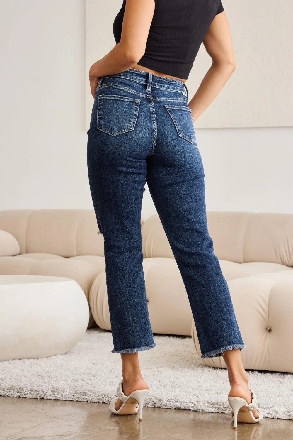 Distressed High Waist Raw Hem Jeans