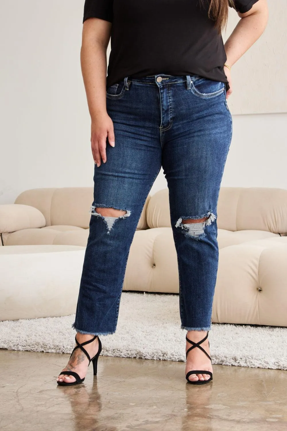 Distressed High Waist Raw Hem Jeans